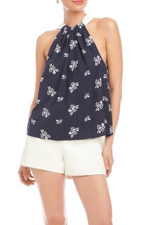 Fifteen Twenty Sicilie Floral Embroidered Cotton Halter Top in Navy at Nordstrom, Size X-Small