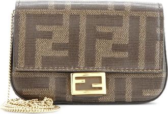Fendi Borsa a tracolla Baguette nano in tela con motivo Zucca e catena - Marrone