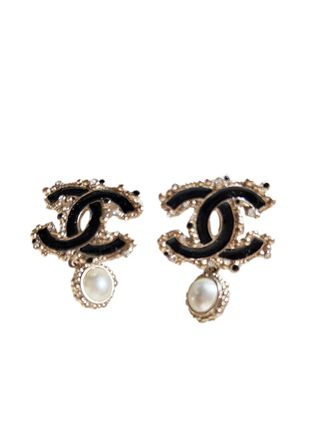 Chanel Black Double CC Earrings with Faux Pearl Detail