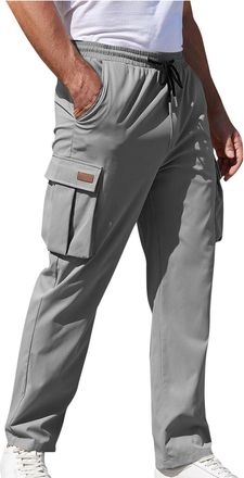 Generic Mens Work Trousers Casual Cotton Cargo Trouser Elasticated Waist Combat Pants Straight Leg Plain Bottoms Adjustable Drawstring Workwear for Men Climbi