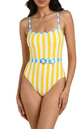 La Blanca Coastal Belted Stripe One-Piece Swimsuit in Soleil at Nordstrom, Size 12