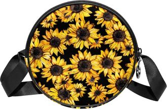 Generic Circle Crossbody Bag for Women, Sunflower Small Sling Bag Daypack with Zipper Adjustable Shoulder Straps Casual Ladies Girls Round Purse