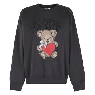 Ganni Sweatshirts, female, Black, Size: XS Isoli Crewneck Bear with Rhinestone