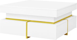 STILVORA Mesa De Centro Con 2 Cajones Y Detalles Dorados, Acabado Brillo, Estilo Moderno, En Tablero De Part&iacute;culas, Blanco