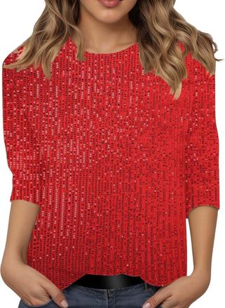 Generic Sparkly Sequin Top for Women UK Glittery Christmas Blouse with 3/4 Sleeve Round Neck Elegant Sparkle Tops for Party Wear and Festive Occasions in Plus