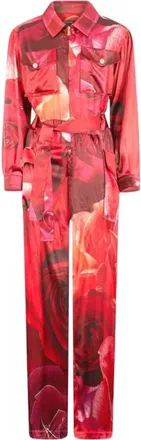 Roberto Cavalli Jumpsuits & Playsuits, Dames, Rood, S, Jumpsuit met rozenprint en overhemdkraag