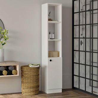 Dmora Columna Leuca, 3 Estantes, Una Puerta, 5 Compartimentos, 30x30x170h Cm Blanco