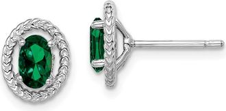 Diamond2Deal Sterling Silver Rhodium-plated Created Emerald Oval Stud Earrings