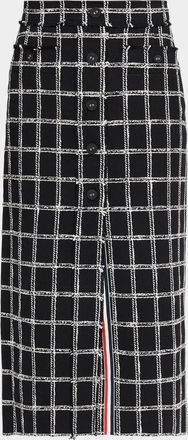 Thom Browne Windowpane Tweed Frayed Button-Front Midi Skirt