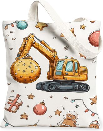 Generic Christmas Construction Equipment Canvas Tote Bags, Fun Machinery Pattern Reusable Grocery Bags, Holiday Lightweight Washabl, White, 13x15 Inch