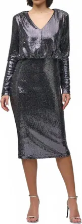 Joseph Ribkoff Womens Sequined V-Neck Long Sleeve Sheath Dress In Black/silver