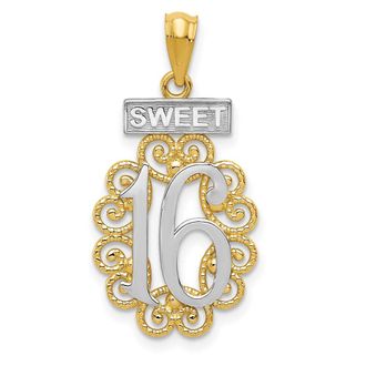 Diamond2Deal 14k Yellow Gold Rhodium Filigree SWEET 16 Pendant