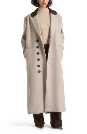 Mani&egrave;re De Voir Anissa Herringbone Wool Oversized Coat with Leather Belt in Beige at Nordstrom, Size Small