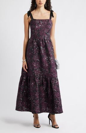 Chelsea28 Tiered Floral Brocade Tie Strap Maxi Dress in Purple Multi Floral Brocade at Nordstrom, Size Xx-Small