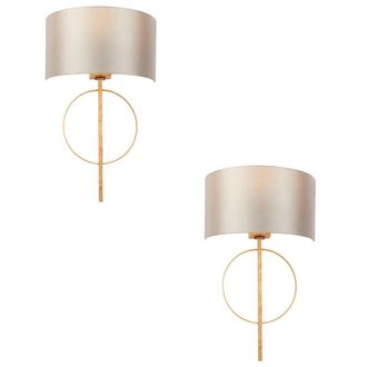 Loops 2 PACK Antique Gold Leaf Wall Light & Mink Satin Shade Dimmable Filament Lamp