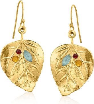 Ross-Simons Multi-Gemstone Leaf Drop Earrings in 18kt Yellow Gold Over Sterling