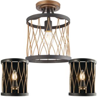 Loops Ceiling Lamp & 2x Matching Wall Light Bronze Matt Black Metal Vintage Bulb Cage