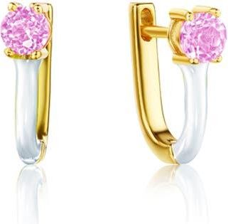 House of Frosted Gemstone & Enamel Huggie Hoop Earrings in Yellow Gold/pink at Nordstrom Rack