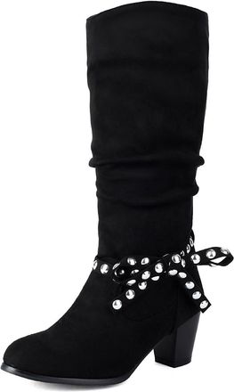 Generic Womens Pull on Slouch Long Boots Chunky Heel Mid-Calf Boots Faux Suede Knight Boot with Bow,Black,7.5 UK