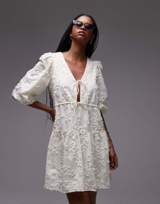 & Other Stories embroidered mini dress with front tie details and tiered hem in yellow-Neutral