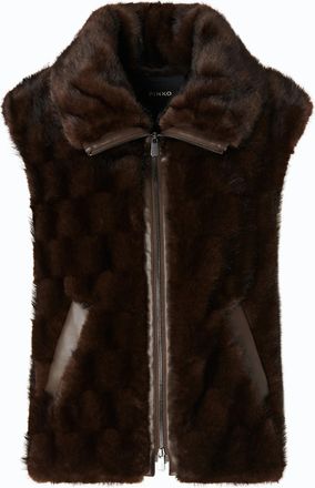 Pinko Textured Brown Gilet With High Collar And Leather-Like Panels