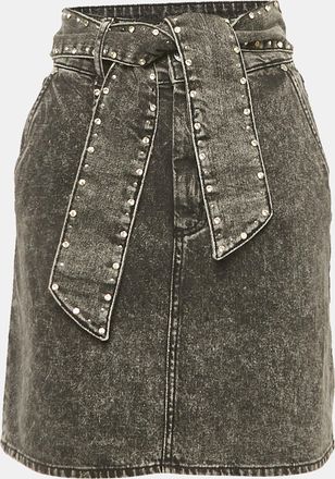 Sandro Black Denim Stud Detail Belted Mini Skirt