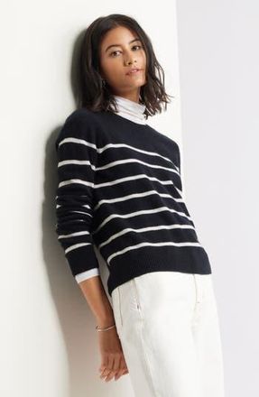 Caslon Cashmere Crewneck Sweater in Black- Ivory Stacy Stripe at Nordstrom Rack, Size Xx-Large