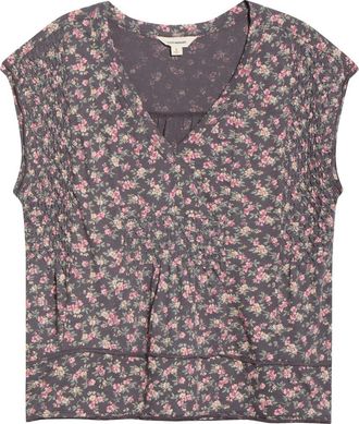 Lucky Brand Floral Smocked Dolman Sleeve Swing Top in Grey Multi Floral at Nordstrom, Size Xx-Large