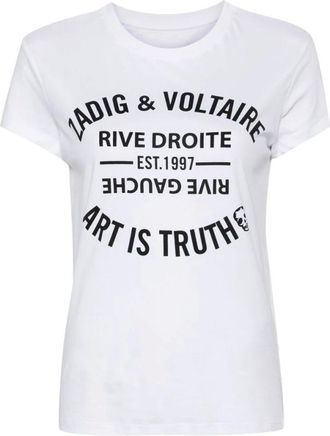 Zadig&Voltaire Tops, Dames, Wit, XS, Katoen, White Logo Print T-shirt met ronde hals