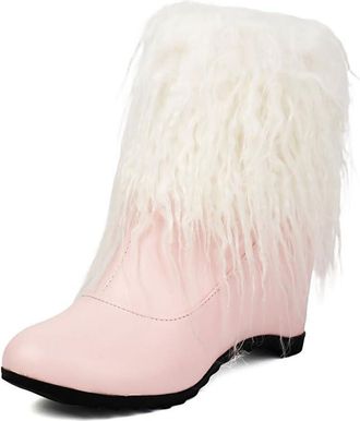 Generic Womens Wedge High Heel Winter Boots PU Leather Short Boot with Side Zipper Round Toe Ankle Boots,Pink,5.5 UK