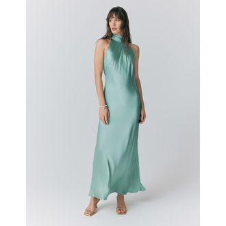 Ghost London Amaia Halter Neck Satin Maxi Dress in Pastel Green at Nordstrom, Size 10