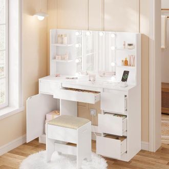 Woltu Woltu - Corner Dressing Table, led Vanity Makeup Desk with Mirrors 5 Drawers, White Bedroom Furniture Corner Curved Vanity Table
