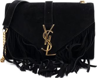 Saint Laurent Borsa a tracolla Classic Monogram piccola in pelle scamosciata con frange - Nero