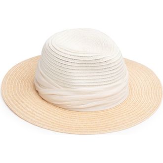 Eugenia Kim Ruched Tulle Wide Brim Packable Straw Fedora in Ivory/Natural at Nordstrom Rack