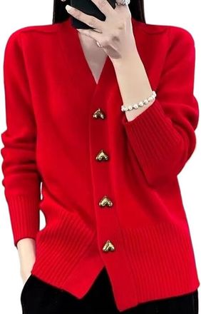 Generic Elegant Heart Button Cardigan, Womens Cardigans Knit Open Front V Neck Long Sleeve, Loose Casual Knit Sweater (One Size,Red)