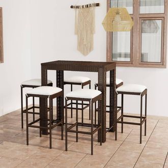 vidaXL Set De Bar Para Jard&iacute;n 7 Pzas Y Cojines Rat&aacute;n Sint&eacute;tico Marr&oacute;n Vidaxl