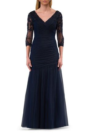 La Femme Tulle Evening Gown with Trumpet Skirt and Lace Illusion Sleeves in Navy at Nordstrom, Size 12