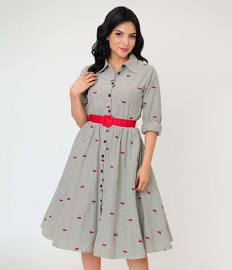 Unique Vintage Long Sleeve Belted Shirt Dress in Grey Gingham Cherry Print at Nordstrom, Size X-Small