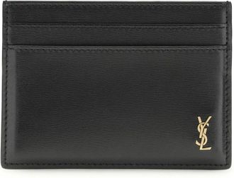 Saint Laurent Mens Card Holder Tiny Cassandre Black Calf Leather Umbrellas Accessory