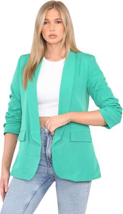 Generic MMK Womens Plain Full Lined Collared Open Front Italian Blazer - Ladies 3/4 Ruched Sleeve Coat Stylish Work Office Outerwear Jacket Suit Top with Flap