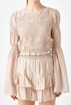 endless rose Smocked Top With Bell Sleeves In Beige