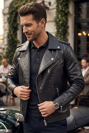 Infinity Leather Heren zwarte koeienleer alligatorprint met reli&euml;f motorjas - Forge