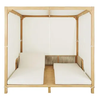 Maisons du monde Tumbona doble con dosel profesional de madera de eucalipto y tejido de poli&eacute;ster reciclado color crudo