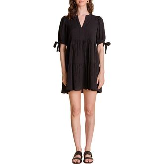 English Factory Texture Puff Sleeve Dress in Black at Nordstrom Rack, Size X-Small
