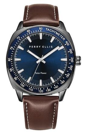 Perry Ellis Solar Leather Strap Watch, 41mm in Gunmetal at Nordstrom Rack