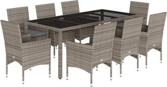 vidaXL Set Comedor Jard&iacute;n 9 Pzas Y Cojines Rat&aacute;n Sint&eacute;tico Vidrio Gris Vidaxl