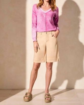 Tribal Fly Front Wide Leg With Slits Bermuda Short In Safari