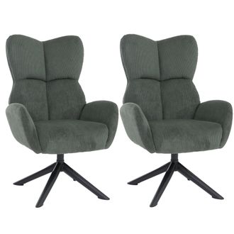 Hhg [non Utilizzato] Set Da 2 Sedie Da Pranzo Hhg-533, Relax Lounge, Imbottita, Girevole, Metallo Velluto A Coste (320 G/m&sup2;), Verde