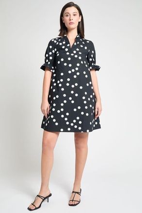 Ming Wang Modern Fit Ruffle Detail Cotton Poplin Shift Dress in Black/white at Nordstrom, Size Xx-Small
