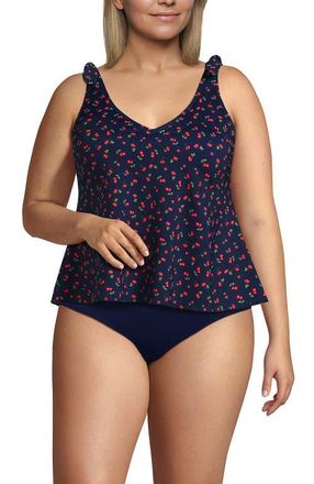 Lands End Chlorine Resistant V-neck Shoulder Tie Flutter Tankini Swimsuit Top in Cherry Jam Cherries/navy at Nordstrom, Size 10P